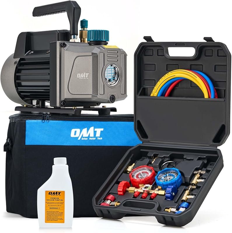 Orion Motor Tech 3.5 CFM 1/4 HP AC Vacuum Pump and Gauge Set with Hose