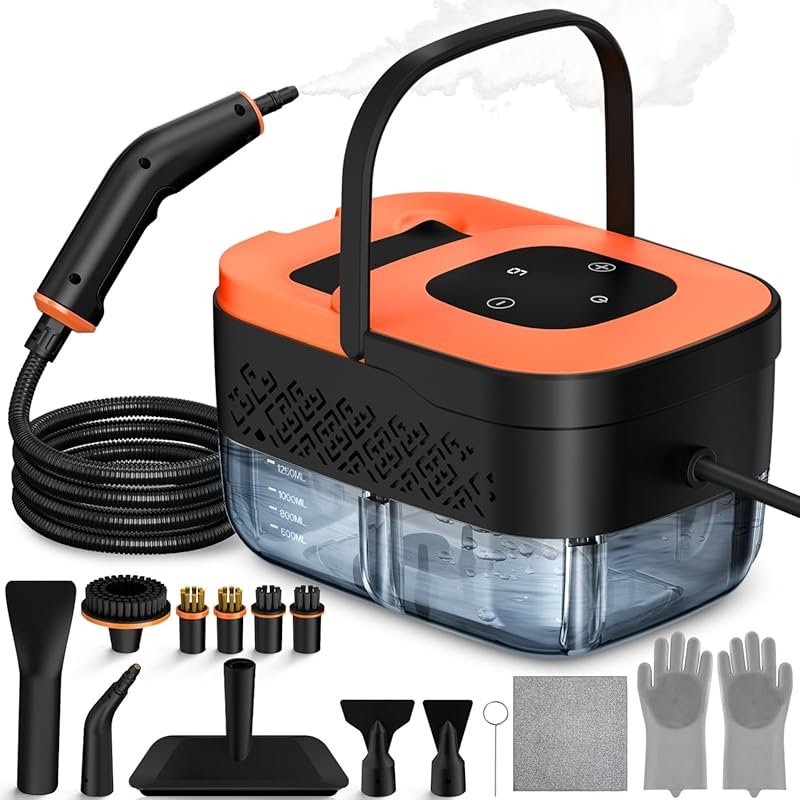 Portable steam cleaner with 16 accessories, 6-level heat control, and