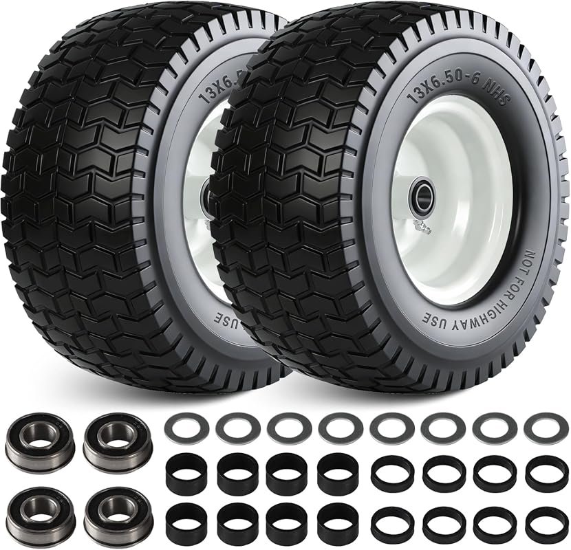 2-Pack 13x6.50-6 Flat Free Lawn Mower Tires with Adjustable Hub and Un