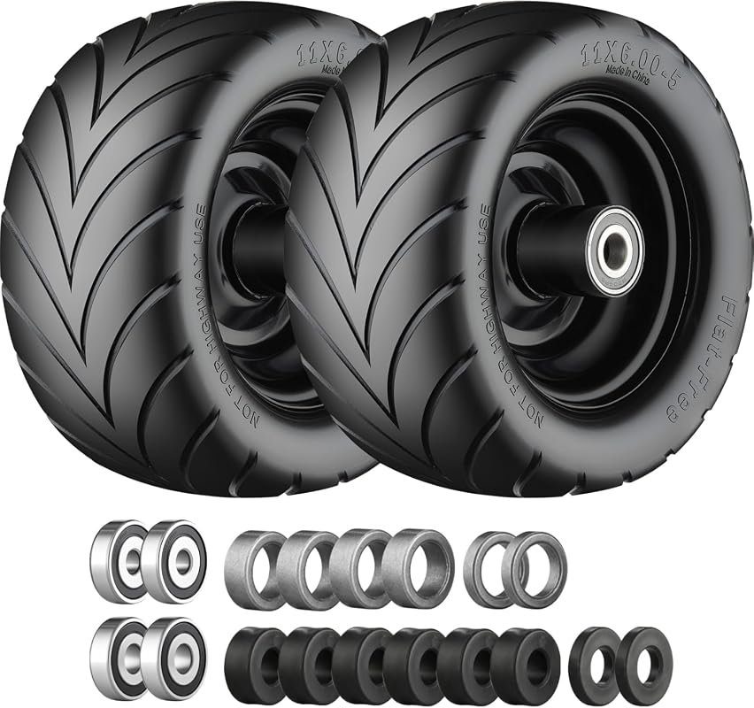 11x6.00-5 Flat Free Tire with Chevron Tread and Universal Bearings for